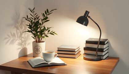 Table with books, cup of tea, houseplant and desk lamp near white wall, clipart style. isolated with white highlights