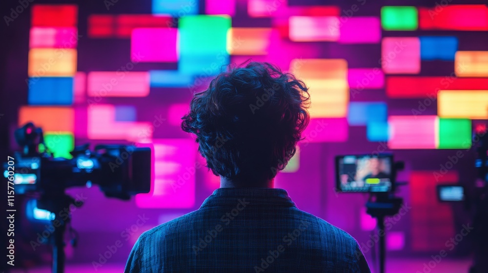 Aufkleber person observing colorful digital background with multiple cameras during creative event or producti