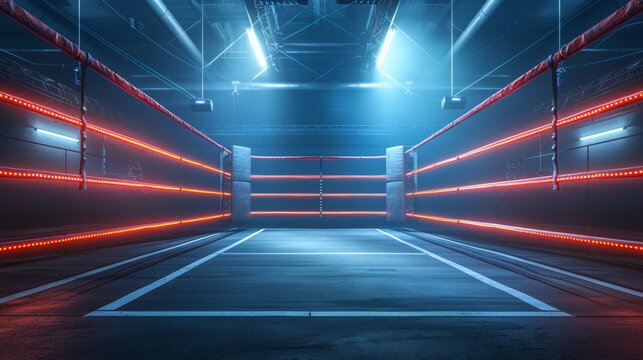 Spectators gather around a brightly lit, empty boxing ring in a darkened arena setting