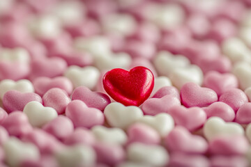 Obraz premium Vibrant red candy heart surrounded by pink and white candy hearts for Valentine's Day