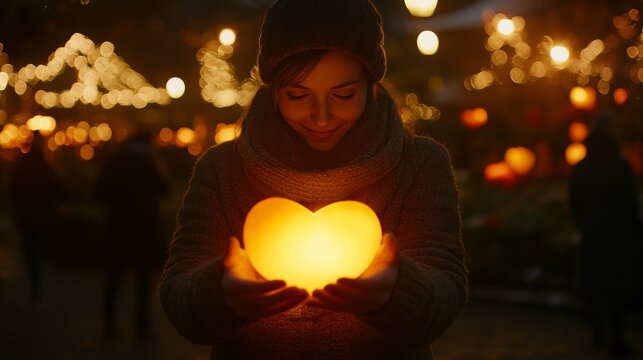 Young woman holds glowing heart-shaped lantern in her hands, surrounded by soft lights and festive atmosphere during nighttime in a charming outdoor setting.