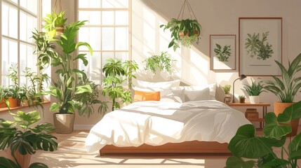 Bright, comfortable bedroom with indoor plants.interior design for a home.Urban jungle design and biophilia.
