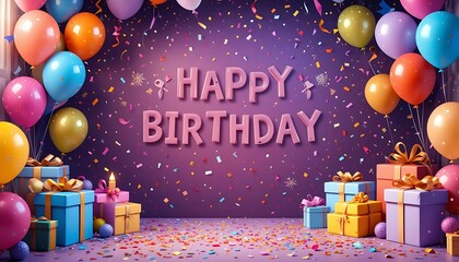 Vibrant Children's Birthday Party Backdrop with Balloons, Confetti, and Gifts