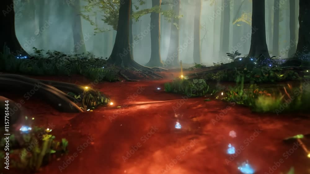 Poster enchanted forest with a red path and magical flora surrounding it in an establishing video with ambi