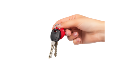 A hand holding car keys with a red key fob, isolated on a white background, cut out