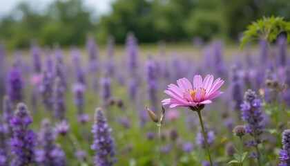 Obraz premium Vibrant Purple Flowers Field with Pink Blossom in Foreground