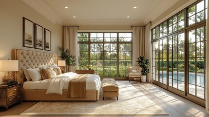 Fototapeta premium Elegant bedroom design, soft tones, large windows with a scenic view to the lake and mountains