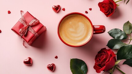 Romantic coffee moment valentine's day lifestyle image cozy setting top view love and affection