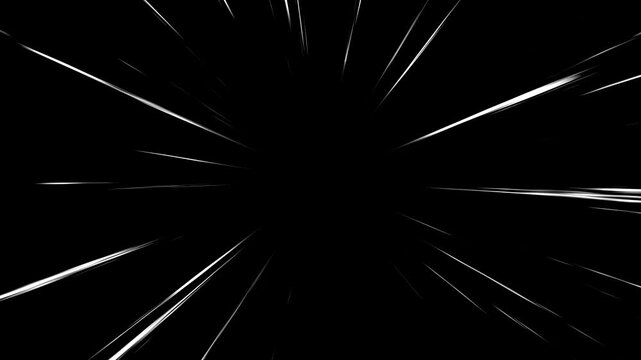 White anime manga speed lines against black background. Cartoon comic fast motion video.