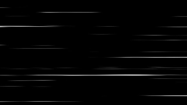 White horizontal anime manga speed lines over black background. Cartoon comic fast motion video.