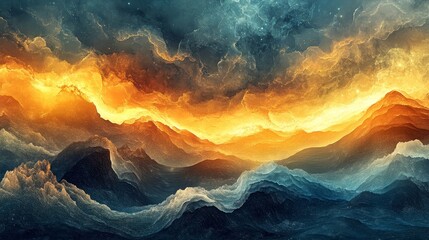 Naklejka premium Abstract waves crash into glowing radiant oceanic landscapes., Generative AI