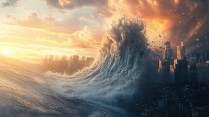 Catastrophic tsunami crashes against a coastal city at sunset, creating a scene of overwhelming destruction and chaos