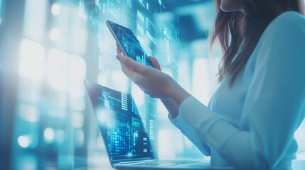 A Professional Woman Analyzing Data on a Tablet While Using a Laptop in a High-Tech Office Environment with Digital Graphics and Data Overlays