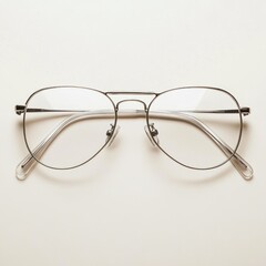 Metal aviator glasses with clear lenses on a beige background.