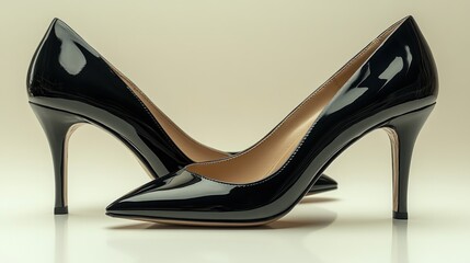 Pair of elegant black patent leather high heels on white background. (3)