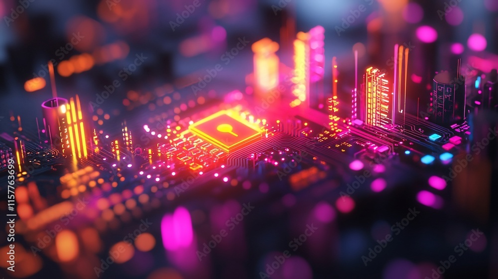 Poster a vibrant close-up of a microchip with glowing circuits and connections.