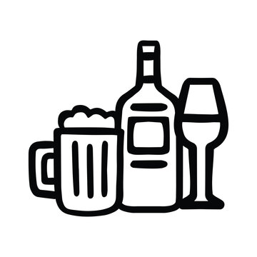 Hand drawn alcoholic drinks with wine and beer Icon Hand Drawn Black - White Thick Lines