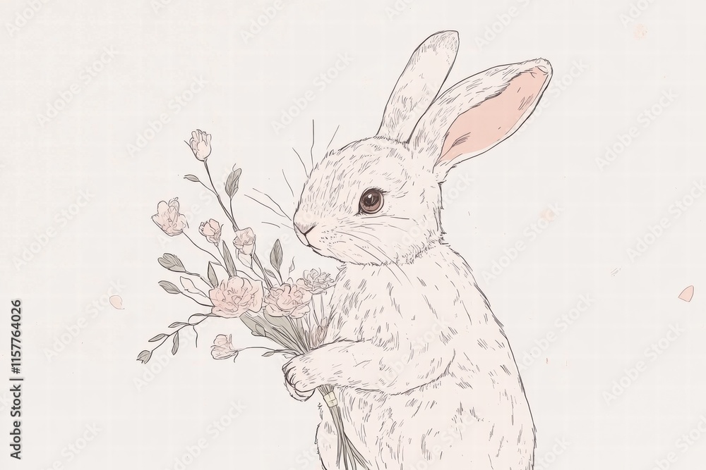 Poster Cuddly rabbit holds a beautiful bouquet of flowers with ample space for adding personalized text or greetings. Generative AI