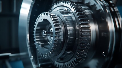 Close-up Photo: Precisely Crafted Metal Gears Intermeshing in Industrial Setting. AI Generated