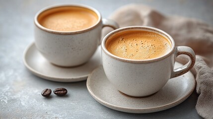 Two cups of espresso on saucers.