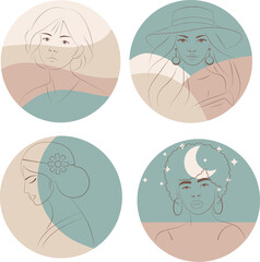 Boho Chic Backgrounds with Elegant Line Art Portraits Minimalist Tropical Leaf Designs and Feminine Faces on Warm, Earthy Tones