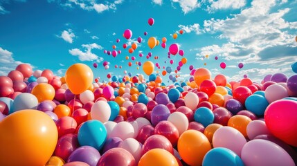 Celebratory balloon release outdoor festival colorful event bright sky aerial view joyous atmosphere