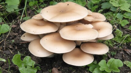 Fototapeta premium Close-up View of Brown Mushrooms Growing on Forest Floor with Greenery