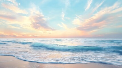 Fototapeta premium Serene Pastel Sunrise: Wide Shot Photo of Gently Crashing Ocean Waves. AI Generated