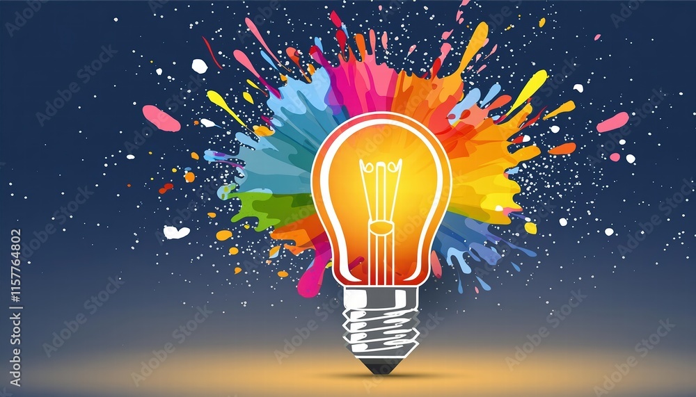 Poster creative light bulb explodes with colorful paint a vibrant representation of new ideas and brainstor