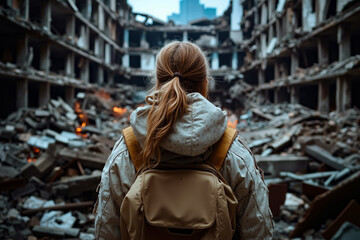 Obraz premium A woman with a backpack standing in front of a destroyed building