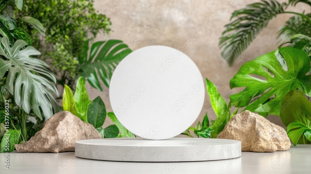 Poster minimalist display with circular stand surrounded by greenery and rocks