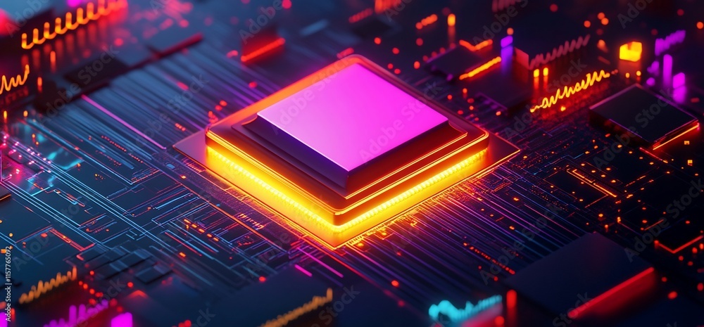 Poster a vibrant digital circuit board featuring a central processing unit.