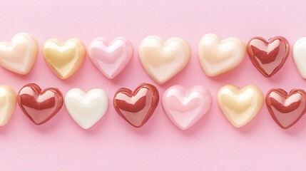 Fototapeta premium Colorful heart-shaped candies arranged neatly on a soft pink background.