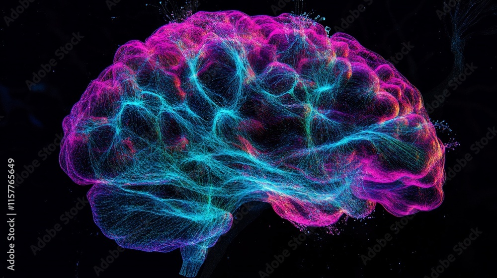 Poster a vibrant digital representation of a brain with colorful neural pathways.