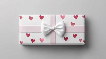 A beautifully wrapped gift box with pink hearts and a white bow, perfect for expressing love or affection.