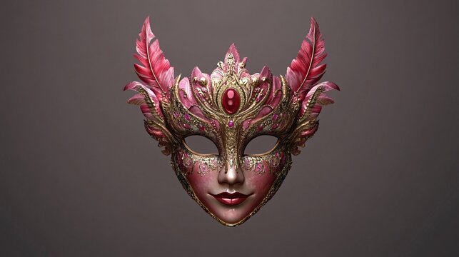 A stunning elaborate mask featuring pink feathers, intricate gold detailing, and a red gemstone nestled at the forehead.