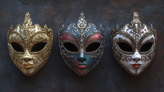 Three elegant decorative masks featuring intricate designs and rich colors, evoking a sense of mystery and artistry.