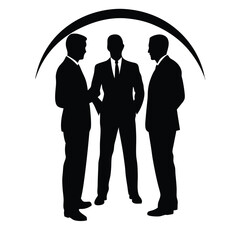 a black silhouette of three men standing in a circle and facing each other.