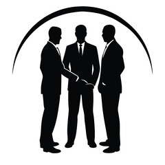 a black silhouette of three men standing in a circle and facing each other.