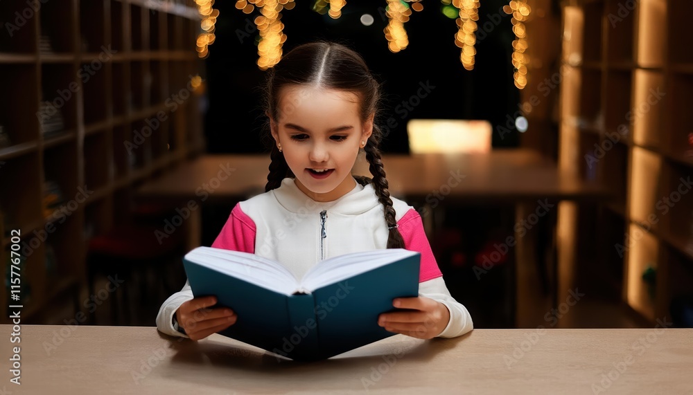 Poster cute surprised robot child discovers a new world through reading in a cartoon style, android kid wit
