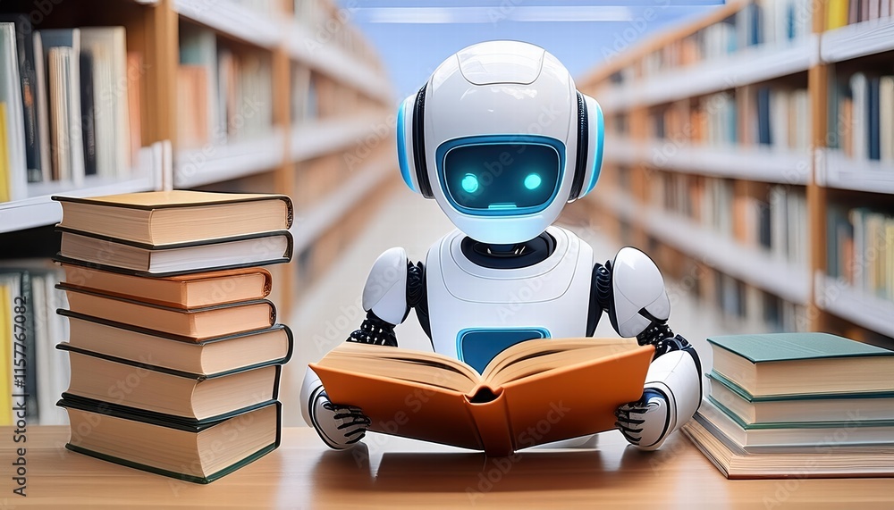 Poster adorable surprised robot child discovers a new world through reading in a colorful cartoon style an 
