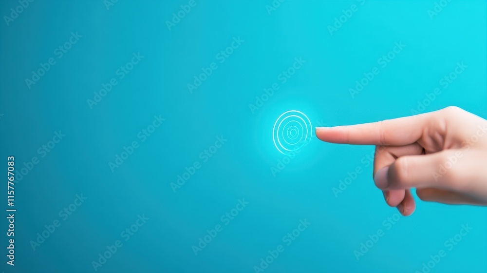 Poster hand hovering over blue background with light circle graphic element