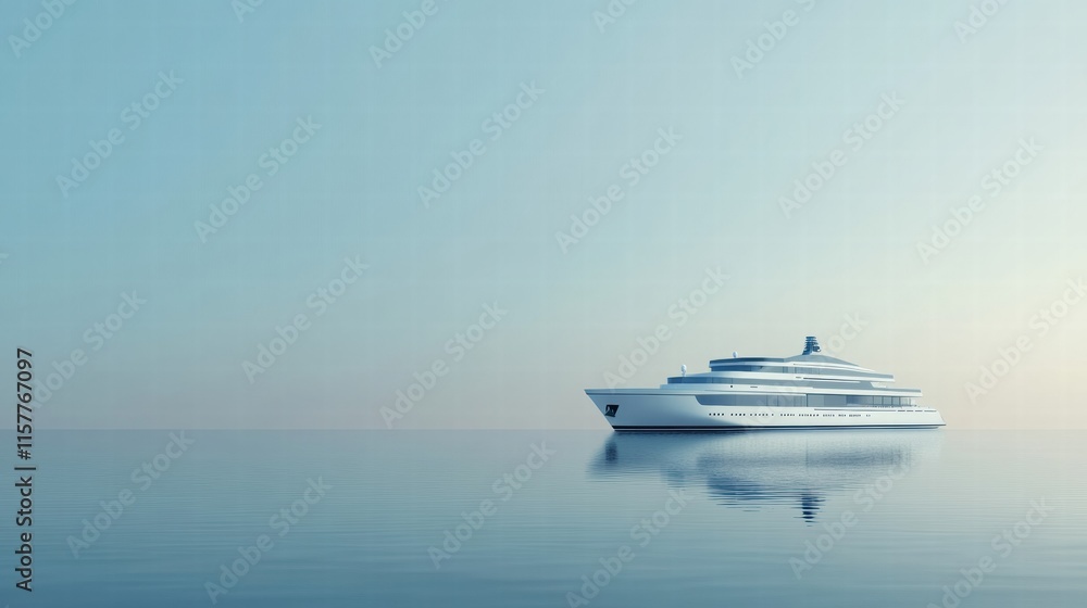 Poster luxury cruise ship gliding smoothly across a tranquil sea at dawn with ample space for text and bran