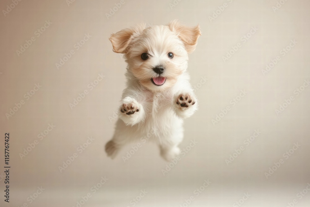 Leinwandbilder joyful puppy jumps playfully in mid air with plenty of space for text and mock up. generative ai