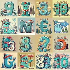 Obraz premium Cartoon Winter Monsters Lettering Typeface. AI generated illustration