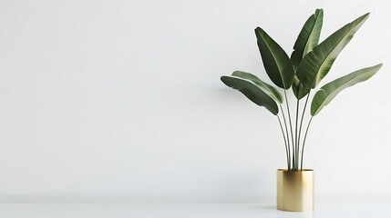 A Bird of Paradise plant in a gold pot sits against a minimalist white background.  The image is clean and modern, perfect for home decor or interior design projects.