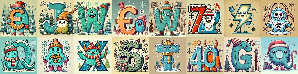 Cartoon Winter Monsters Lettering Typeface. AI generated illustration