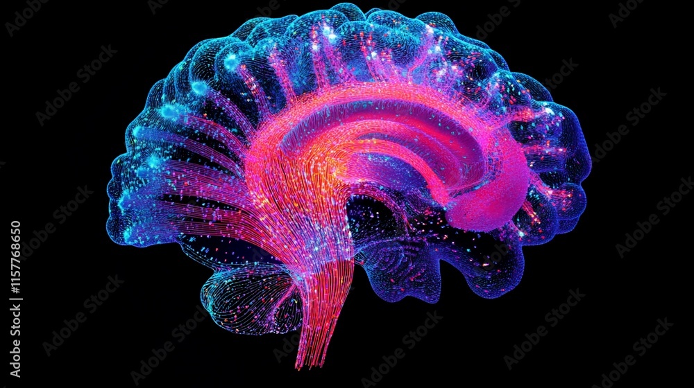 Poster a vibrant, abstract representation of a brain with colorful neural pathways.