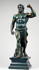 Fototapeta premium This bronze statue of Hercules depicts the mythical hero in a powerful stance, emphasizing his muscular build and heroic attributes, presented against a neutral backdrop