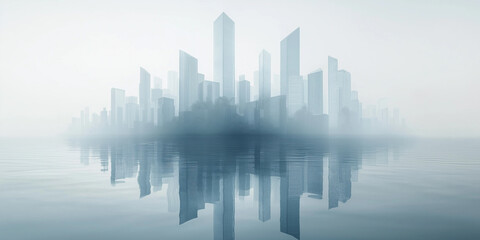 Obraz premium An abstract minimalist business background featuring a skyline of tall, glass buildings reflected in calm water under a foggy atmosphere